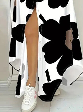 MDB Kadın Yakalı önden Düğmeli çiçek Desenli Uzun Süprem Elbise