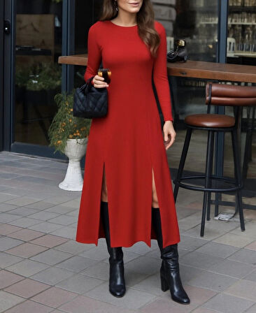 MDB Kadın Uzun Kollu Hafif Kayık Yaka Sırt Dekolteli Yırtmaç Detaylı Viskon Tam Boy Elbise