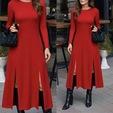 MDB Kadın Uzun Kollu Hafif Kayık Yaka Sırt Dekolteli Yırtmaç Detaylı Viskon Tam Boy Elbise