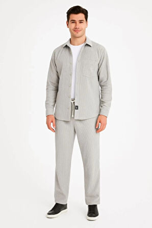 MDB Erkek Kadife Oversize Takım – Gömlek Ve Pantolon İkili et Füme Corduroy Şıklığı, Rahat Ve Zarif Duruş Yumuşak Dokulu Kadife Kumaş, Düğmeli Gömlek Üst Ve astikli Pantolon Alt Parça Ile Gün Boyu Konfor Gri