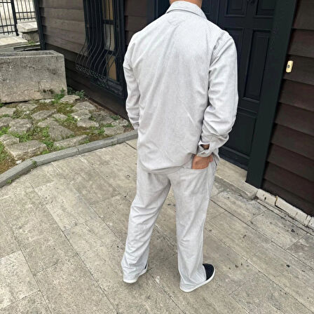MDB Erkek Kadife Oversize Takım – Gömlek Ve Pantolon İkili et Füme Corduroy Şıklığı, Rahat Ve Zarif Duruş Yumuşak Dokulu Kadife Kumaş, Düğmeli Gömlek Üst Ve astikli Pantolon Alt Parça Ile Gün Boyu Konfor Gri