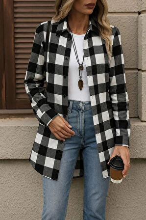 MDB Kadın Uzun Kollu Ekoseli önden Düğmeli Dokuma Uzun Gömlek