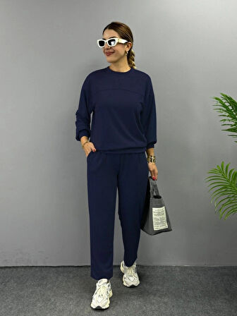 MDB Kadın Uzun Kollu Bisiklet Yaka Viskon Iki Iplik Bluz Ve Pantolon Ikili Takım