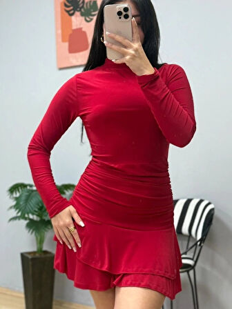 MDB Kadın Uzun Kollu Balıkçı Yaka Mini Fırfırlı Sandy Elbise