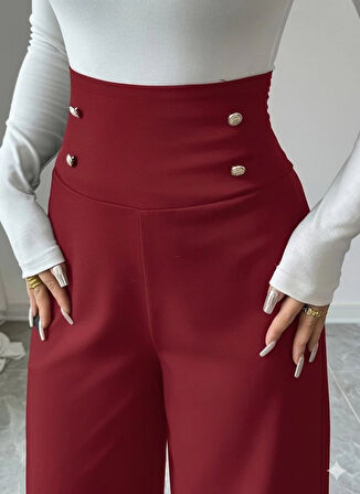 MDB Kadın Yüksek Bel Düğmeli Geniş Paçalı Ithal Krep Pantolon