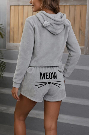 MDB Kadın Uzun Kollu Kapşonlu Peluş Bluz Ve Kısa Short Ikili Takım