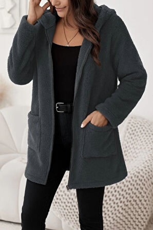 MDB Kadın Uzun Kollu Kapşonlu önden Fermuarlı Cepli Welsoft Ceket