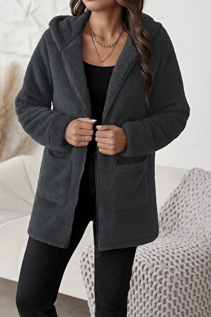 MDB Kadın Uzun Kollu Kapşonlu önden Fermuarlı Cepli Welsoft Ceket