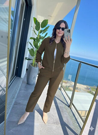 MDB Kadın Uzun Kollu önden Fermuarlı Modal Ceket Ve Pantolon Ikili Takım