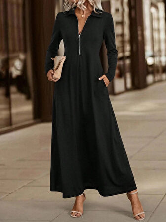 MDB Kadın Uzun Kollu Yakalı önden Fermuarlı Uzun Viskon Iki Iplik Elbise