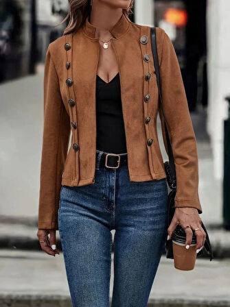 MDB Kadın Uzun Kollu Hakim Yaka Yanlardan Düğmeli Kısa Süet Ceket