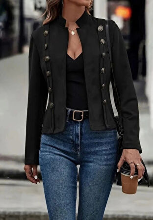 MDB Kadın Uzun Kollu Hakim Yaka Yanlardan Düğmeli Kısa Süet Ceket