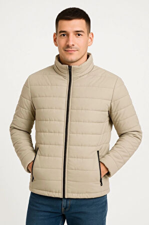 MDB Erkek Bomber ont Ceket – u İtici Kumaş, Kapitone Astarlı, Fermuarlı, Kışlık  Bej