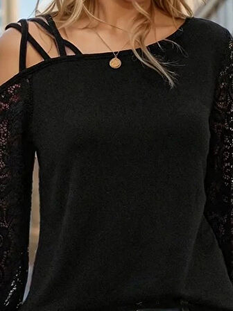 MDB Kadın Uzun Kollu Tek Omuzu çapraz şerit Detaylı Viskon Iki Iplik Bluz