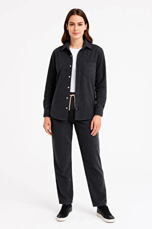 MDB Kadife Oversize Takım – Gömlek Ve Pantolon İkili et Füme Corduroy Şıklığı, Rahat Ve Zarif Duruş Yumuşak Dokulu Kadife Kumaş, Düğmeli Gömlek Üst Ve astikli Pantolon Alt Parça Ile Gün Boyu Konfor iyah