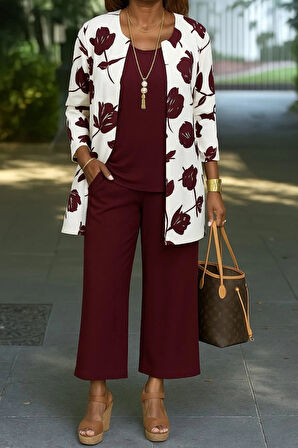 MDB Kadın Uzun Kollu önü Açık Modal Ceket Kolsuz Viskon Iki Iplik Bluz Ve Pantolon üçlü Takım