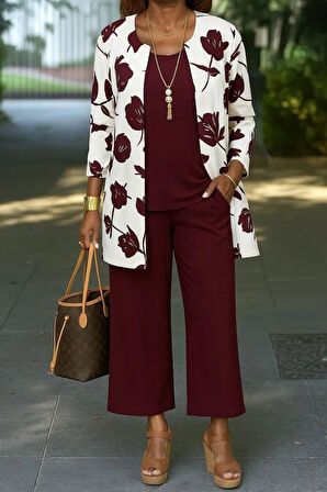 MDB Kadın Uzun Kollu önü Açık Modal Ceket Kolsuz Viskon Iki Iplik Bluz Ve Pantolon üçlü Takım