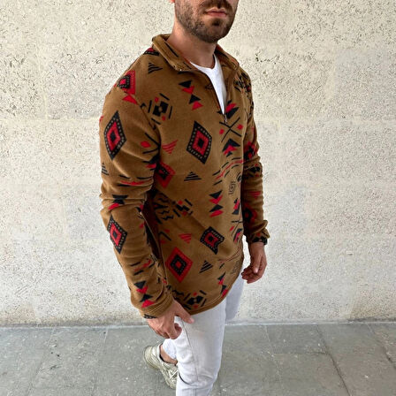 MDB Erkek Yarım Fermuarlı Desenli Polar weat Tribal Etnik Desen Yakalı, Uzun Kollu, Oversize Rahat Kalıp,  Kahverengi