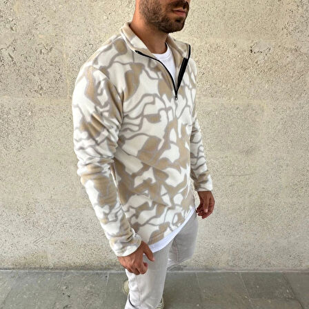 MDB Erkek Yarım Fermuarlı Desenli Polar weat Yakalı, Uzun Kollu, Oversize Rahat Kalıp  Bej