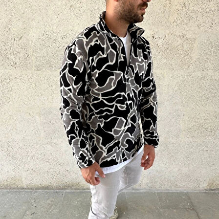 MDB Erkek Yarım Fermuarlı Desenli Polar weat Yakalı, Uzun Kollu, Oversize Rahat Kalıp  iyah