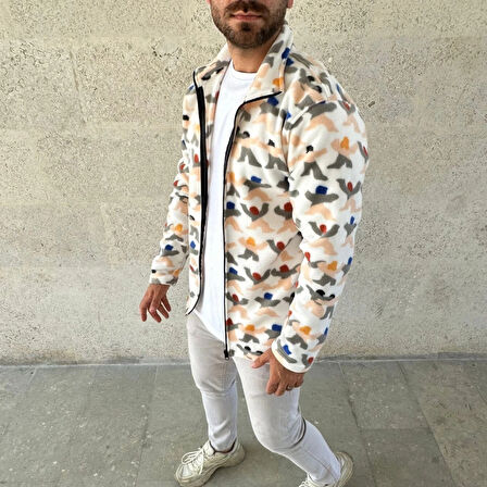 MDB Erkek Tam Fermuarlı Desenli Polar weat – iyah ulticolor Figür Desen Yakalı, Uzun Kollu, Oversize Rahat Kalıp Beyaz