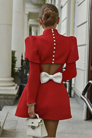 MDB Kadın Uzun Kollu Yarı Balıkçı Yaka Arkadan Kurdela Detaylı Mini Atlas Elbise