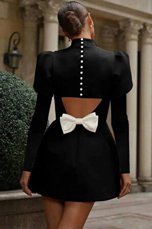 MDB Kadın Uzun Kollu Yarı Balıkçı Yaka Arkadan Kurdela Detaylı Mini Atlas Elbise