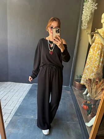 MDB Kadın Uzun Kollu Tek Omuzdan Açık Viskon Iki Iplik Bluz Ve Pantolon Ikili Takım