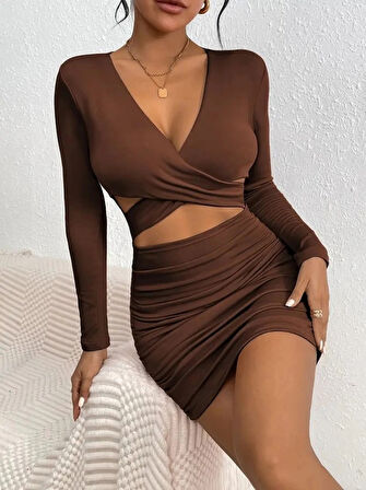 MDB Kadın Uzun Kollu çapraz Dekolte Detaylı Mini Sandy Elbise