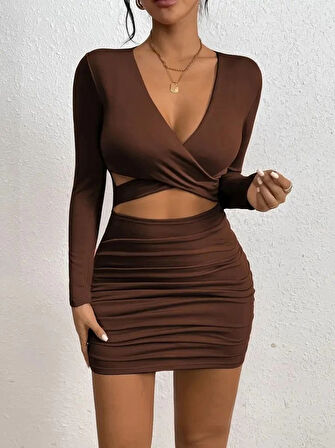 MDB Kadın Uzun Kollu çapraz Dekolte Detaylı Mini Sandy Elbise