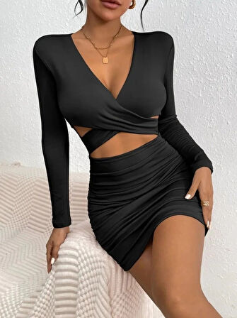 MDB Kadın Uzun Kollu çapraz Dekolte Detaylı Mini Sandy Elbise