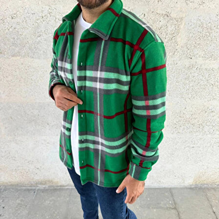 MDB Erkek Ekose Desenli Düğmeli Polar Yakalı Uzun Kollu Gömlek Oversize Rahat Kalıp  Yeşil