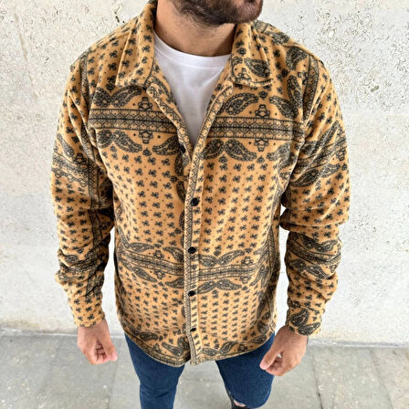 MDB Erkek Desenli Düğmeli Polar Gömlek – Hardal Paisley Desen Yakalı, Uzun Kollu, Oversize Rahat Kalıp  arı