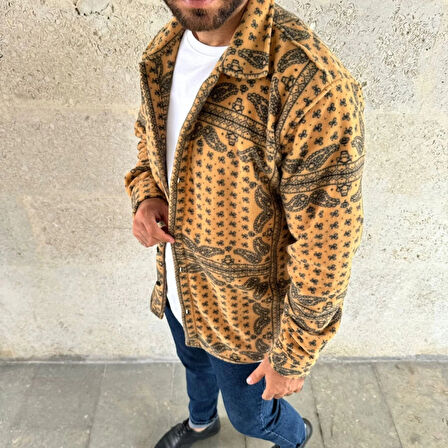 MDB Erkek Desenli Düğmeli Polar Gömlek – Hardal Paisley Desen Yakalı, Uzun Kollu, Oversize Rahat Kalıp  arı