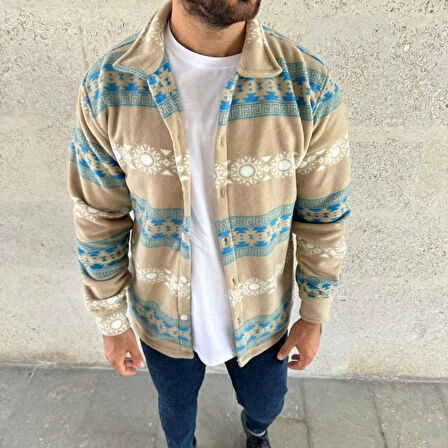 MDB Erkek Desenli Polar Gömlek – Etnik Şerit Desen Yakalı, Uzun Kollu, Düğmeli, Oversize Rahat Kalıp  arı