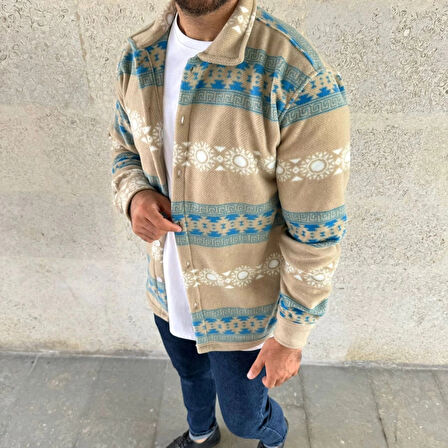 MDB Erkek Desenli Polar Gömlek – Etnik Şerit Desen Yakalı, Uzun Kollu, Düğmeli, Oversize Rahat Kalıp  arı