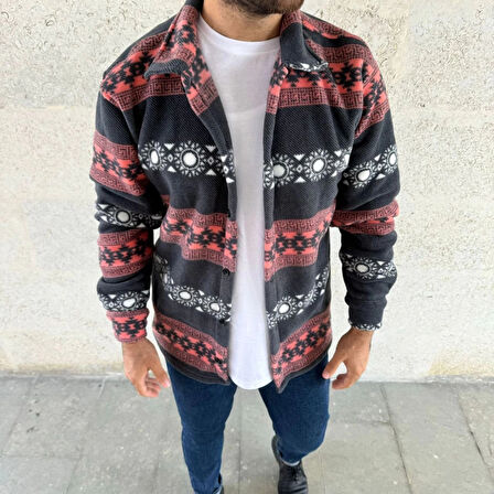 MDB Erkek Desenli Polar Gömlek – Etnik Şerit Desen Yakalı, Uzun Kollu, Düğmeli, Oversize Rahat Kalıp  Füme