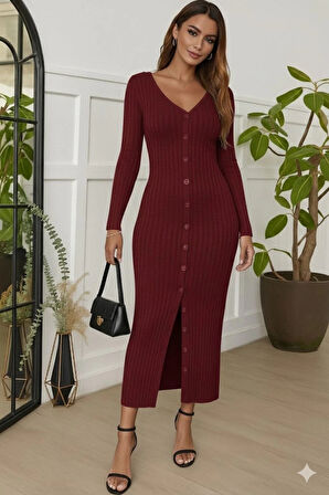 MDB Kadın Uzun Kollu V Yakalı önden Düğmeli şardonlu Kaşkorse Elbise