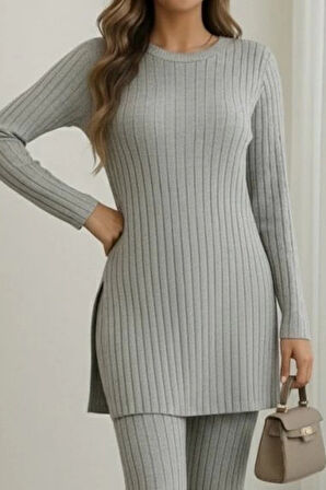 MDB Kadın Uzun Kollu Yuvarlak Yaka Yandan Yırtmaç Detaylı şardonlu Kaşkorse Bluz Ve Pantolon Ikili Takım