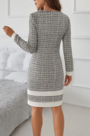 MDB Kadın Uzun Kollu Yuvarlak Yaka Etek Ucu şerit Detaylı Mini Dokuma Elbise