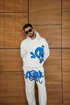 MDB Erkek Kapüşonlu Eşofman Takım Graffiti Baskılı  Oversize Rahat Kalıp, Kanguru Cepli, treetwear Tarzında Premium Ürün 3 Iplik Pamuklu  Beyaz