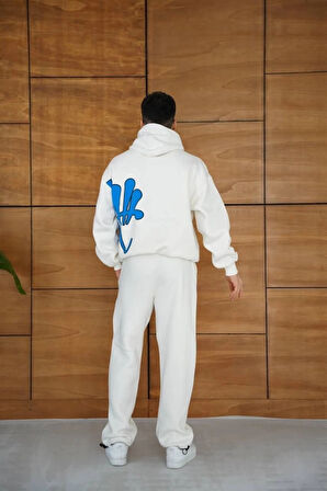 MDB Erkek Kapüşonlu Eşofman Takım Graffiti Baskılı  Oversize Rahat Kalıp, Kanguru Cepli, treetwear Tarzında Premium Ürün 3 Iplik Pamuklu  Beyaz