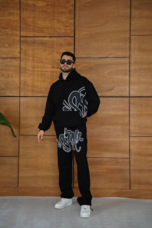 MDB Erkek Kapüşonlu Eşofman Takım Graffiti Baskılı Oversize Rahat Kalıp, Kanguru Cepli, treetwear Tarzında Premium Ürün 3 Iplik Pamuklu  iyah