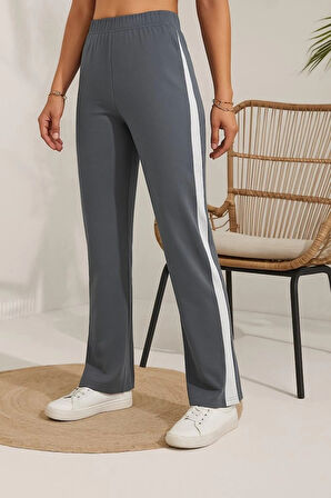 MDB Kadın Yüksek Bel Yan şerit Detaylı Yırtmaçlı Viskon Iki Iplik Pantolon