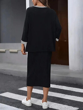 MDB Kadın Uzun Kollu Yakası Açık şardonlu Kaşkorse Bluz Ve Eteği Bağcıklı Ikili Takım