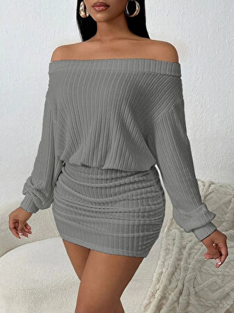 MDB Kadın Uzun Kollu Madonna Yaka Yanlardan Büzgülü şardonlu Kaşkorse Mini Elbise