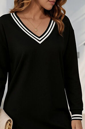 MDB Kadın Uzun Kollu V Yakalı şerit Detaylı Kısa Viskon Iki Iplik Elbise