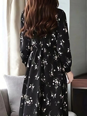 MDB Kadın Uzun Kollu Hakim Yakalı Düğmeli Kuşaklı Desenli Maxi Mikro Süprem Elbise