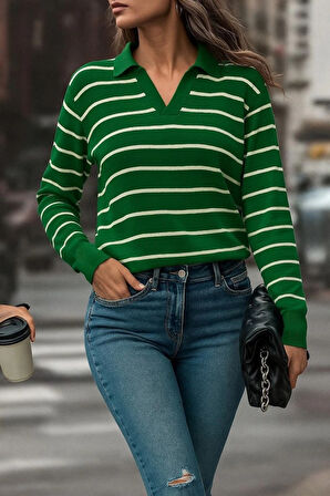 MDB Kadın Uzun Kollu V Yaka çizgili Triko Bluz