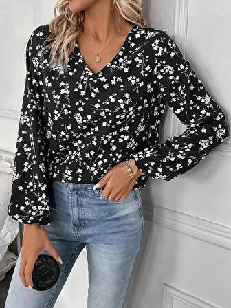 MDB Kadın Uzun Kollu V Yakalı çiçek Desenli Modal Bluz